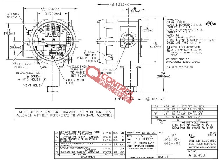 P/N:J120-190现货UE开关美国UE防爆压力控制器UE陕西代理