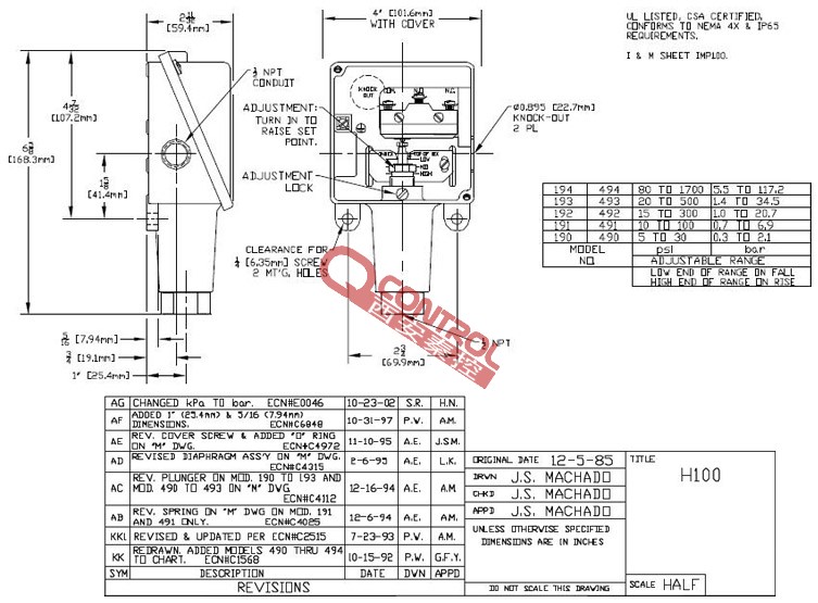 H100-190-0500/0.16MPA美国UE空压机低压报警压力开关